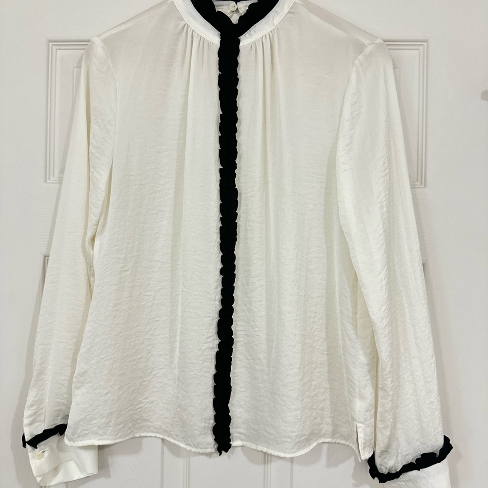Zara Ruffled White and Black Long Sleeve Blouse